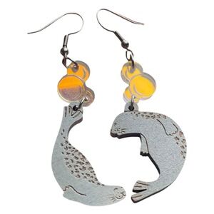 Wood Seal Dangle Earrings Stainless Steel Hooks Iridescent Accent Coastal